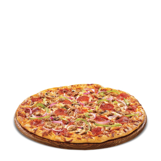 Uma pizza com fundo branco e fundo branco