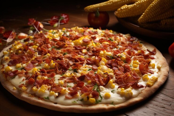 Foto uma pizza com milho doce assado e bacon.