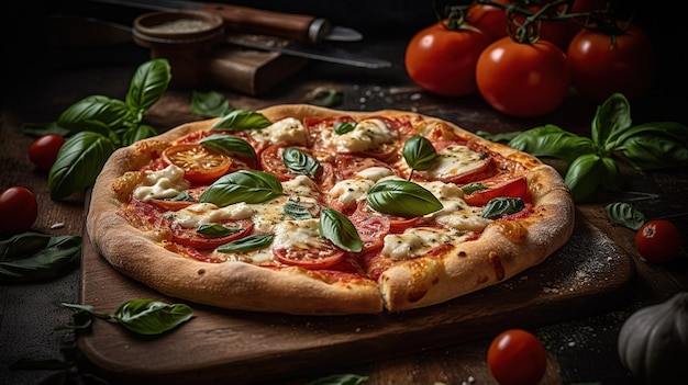 Uma pizza com mussarela e mussarela em uma tábua de madeira com tomates ao fundo.
