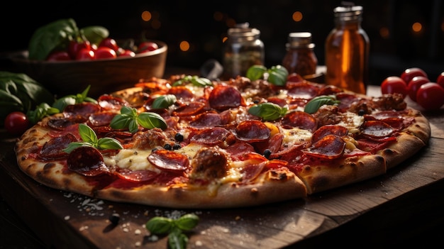 uma pizza com pepperoni e manjericão em uma superfície de madeira