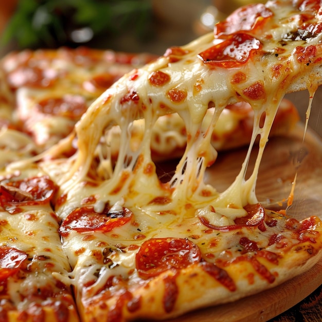 uma pizza com pepperoni e queijo sobre ela está em uma mesa de madeira