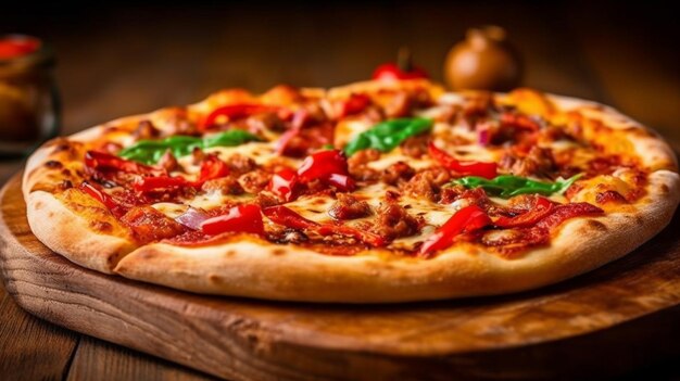 Uma pizza com pimentão vermelho e queijo em uma tábua de madeira