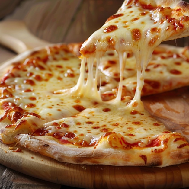 uma pizza com queijo e carne em cima está em uma tábua de madeira