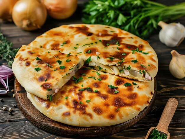 uma pizza com queijo e cebolas num prato de madeira