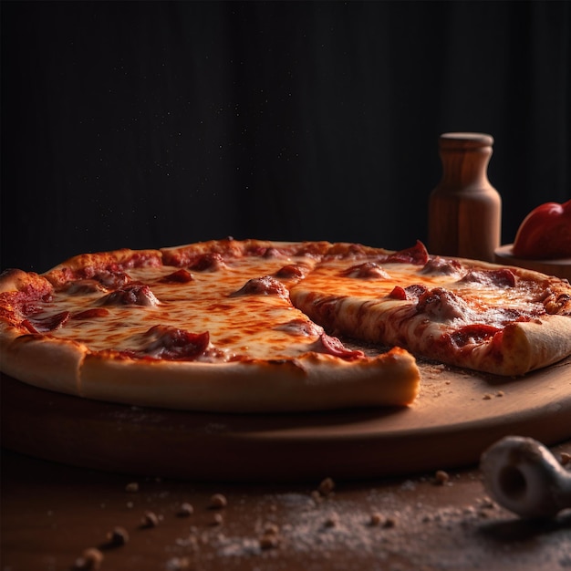 Uma pizza com queijo e molho está sobre uma mesa de madeira.