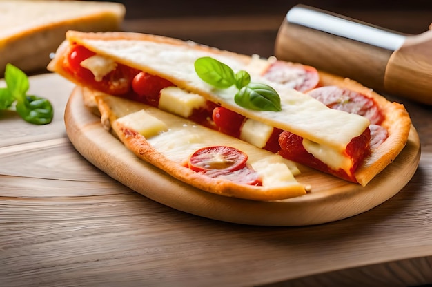 uma pizza com queijo e uma fatia de pizza em uma tábua de madeira