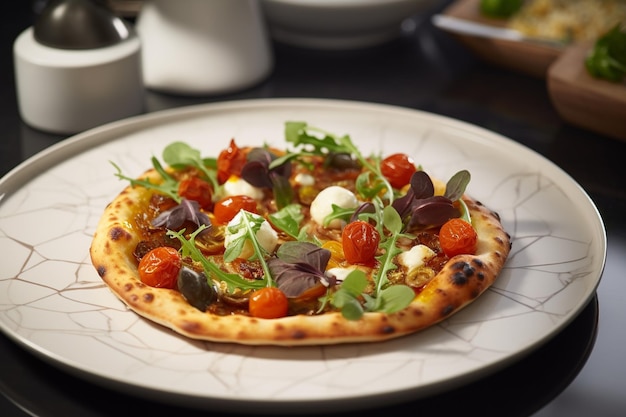 Uma pizza com salada ao lado.