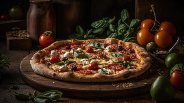 Uma pizza com tomate e mussarela em uma mesa de madeira