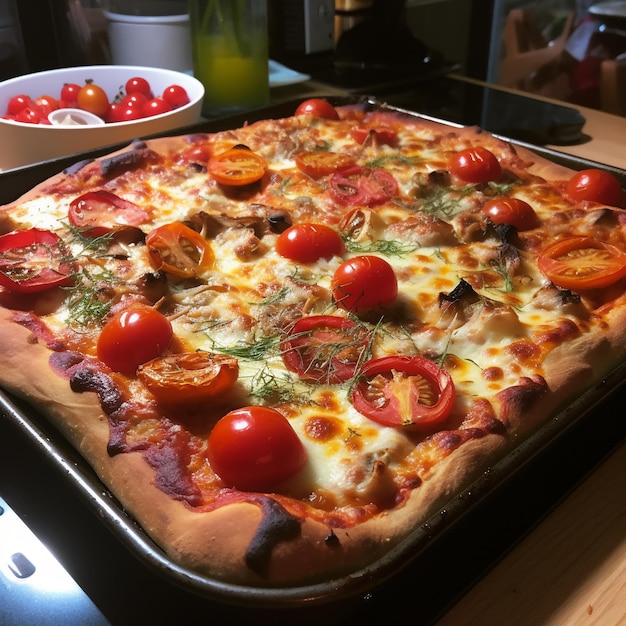 Uma pizza com tomate e queijo está sobre uma mesa.