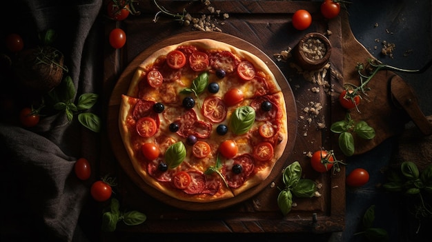 Uma pizza com tomates, azeitonas e azeitonas em uma tábua de madeira