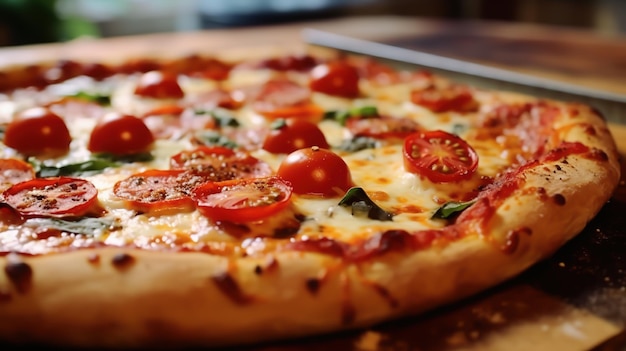 Foto uma pizza com tomates e queijo.