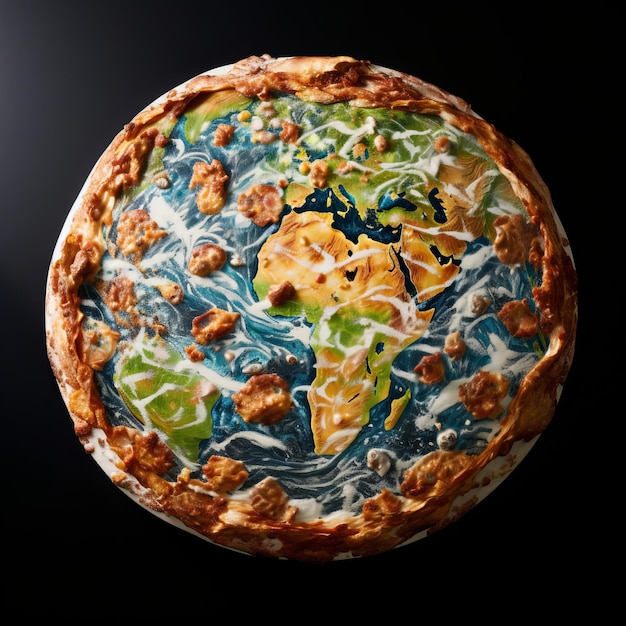 Uma pizza com um mapa do mundo pintado nela.