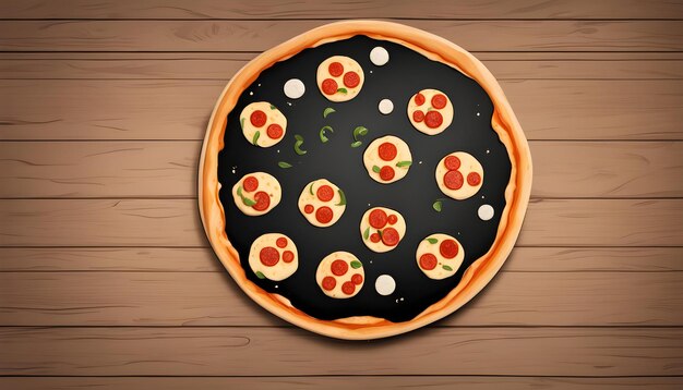 uma pizza com uma borda negra e uma borda preta com uma foto de uma pizza nela