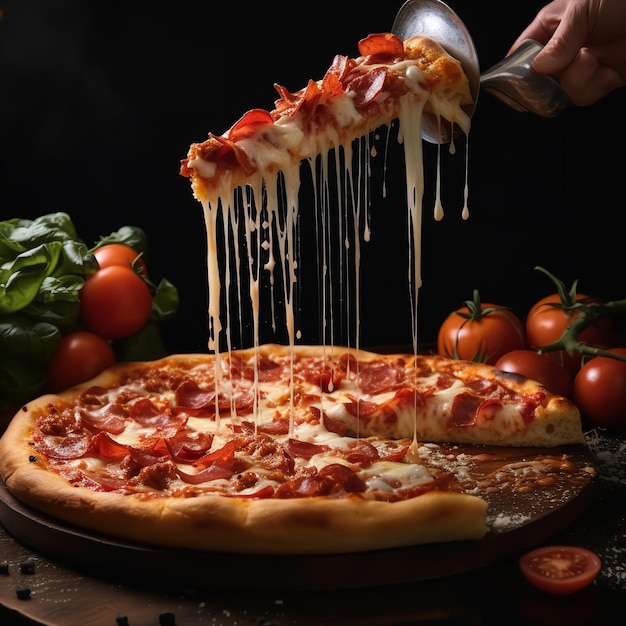 Uma pizza com uma fatia sendo levantada e o ingrediente Ai generativo