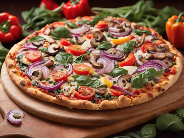 uma pizza com vegetais e cogumelos em uma tábua de madeira