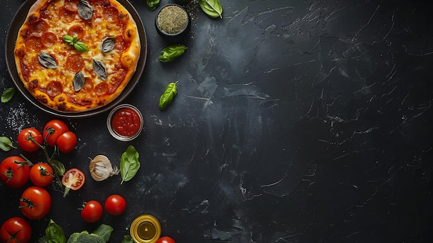 uma pizza com vegetais e uma pizza em uma mesa preta