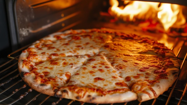 uma pizza cozinhando em um forno com chamas saindo do forno