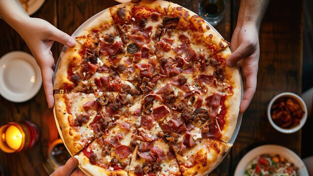 Uma pizza de amantes da carne fortemente carregada de carnes variadas cercada por mãos prontas para se entregar