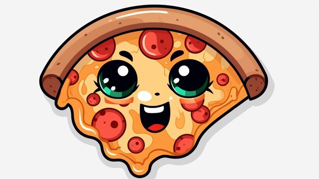 Uma pizza de desenho animado com um grande sorriso no rosto.