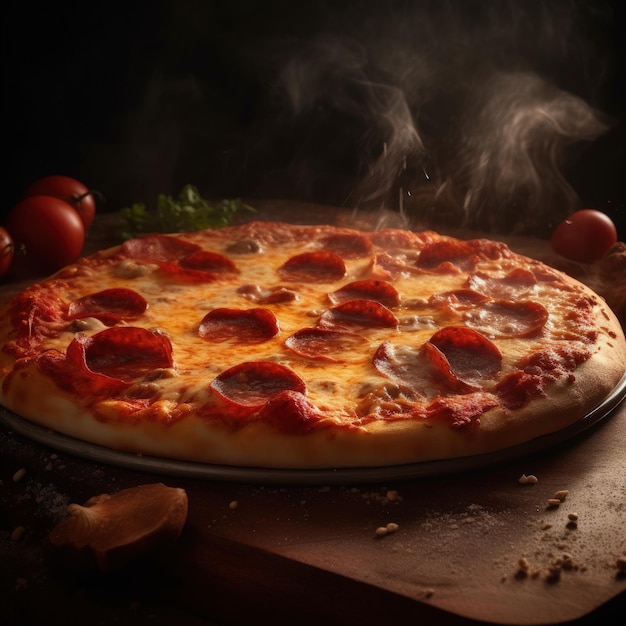 Foto uma pizza de pepperoni com alguns tomates