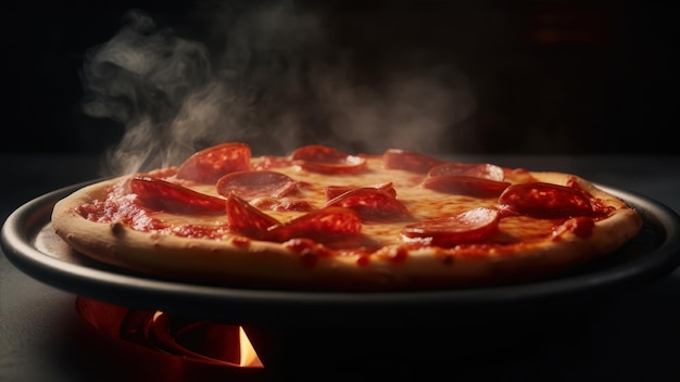 Uma pizza de pepperoni em um fogo de carvão