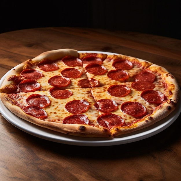 Uma pizza de pepperoni está em um prato sobre a mesa.
