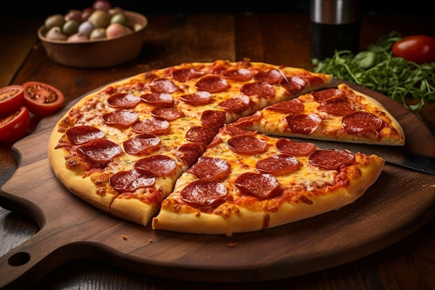 Uma pizza de pepperoni está sendo cortada e está em uma mesa