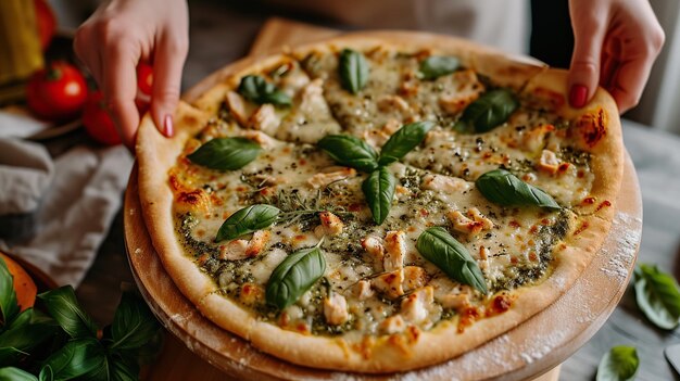 Uma pizza de pesto e frango com um toque único com as mãos prontas para se entregar