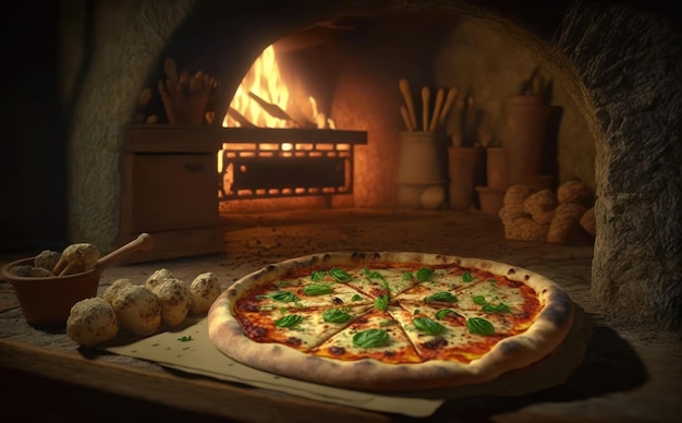 Uma pizza em forno a lenha com fogo ao fundo. Comida tradicional italiana ai gerada