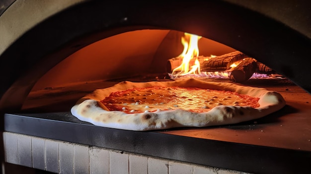 Uma pizza em forno a lenha está sendo assada.