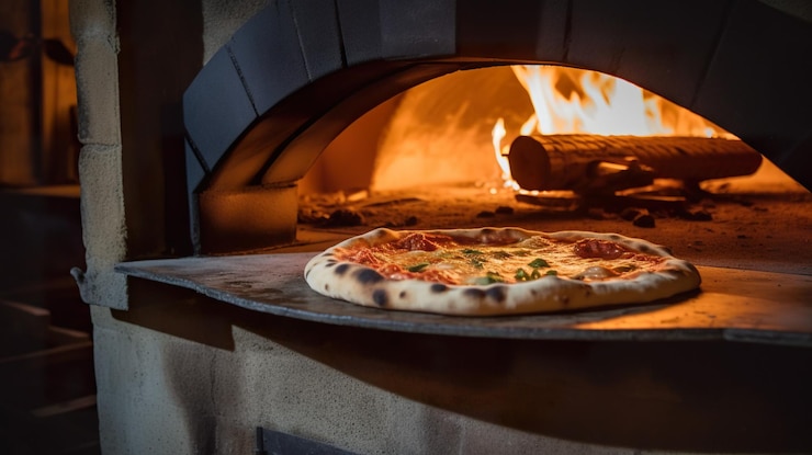 Foto uma pizza em forno a lenha no forno de pizza a lenha.
