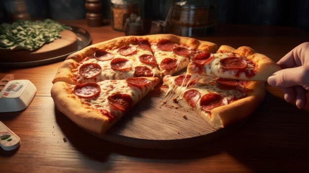 Uma pizza em uma mesa de madeira