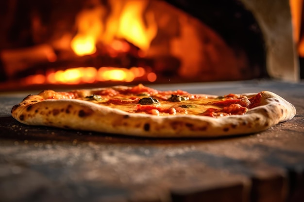 Uma pizza em uma pedra de pizza assada a lenha em frente a uma fogueira