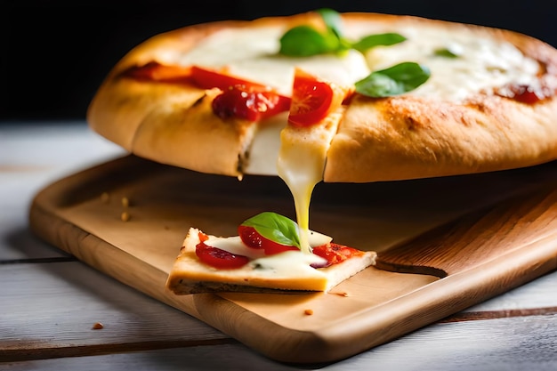 Uma pizza está numa tábua de cortar com uma fatia faltando.