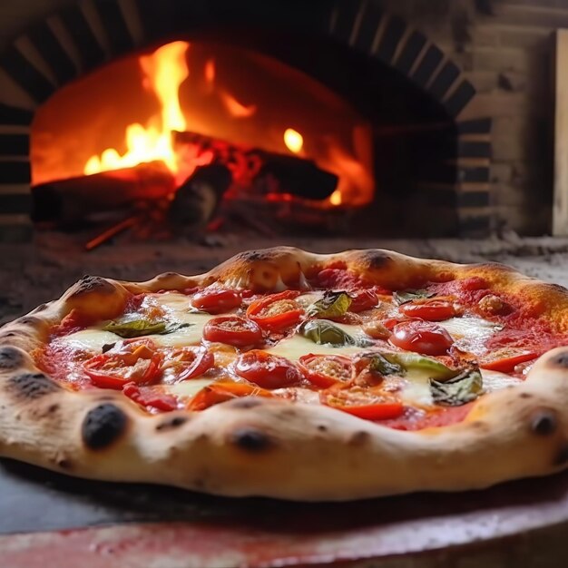 Uma pizza margarita com folhas frescas de manjericão no fundo de um forno a gás para cozinhar pizza