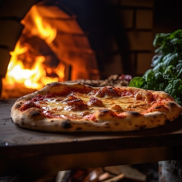 Foto uma pizza margarita com folhas frescas de manjericão no fundo de um forno a gás para cozinhar pizza