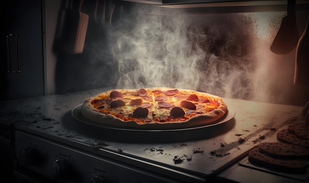 Uma pizza sendo assada em um forno com fumaça saindo dela