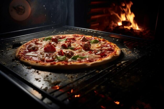 Uma pizza sendo deslizada sobre uma superfície de pedra dentro do forno