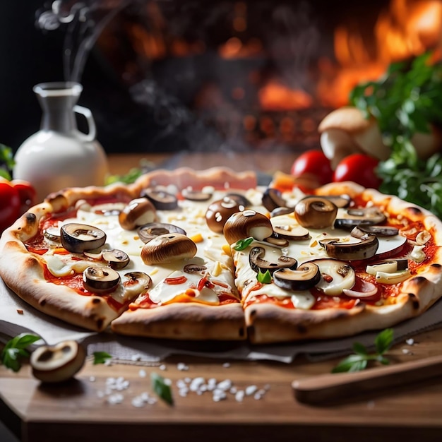 Uma pizza sendo servida com cogumelos e queijo na mesa de madeira na cozinha