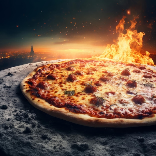 Foto uma pizza sentada em cima de uma laje de pedra