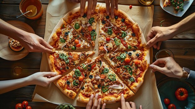 Uma pizza suprema organizada em uma superfície de madeira com ingredientes frescos em torno dela