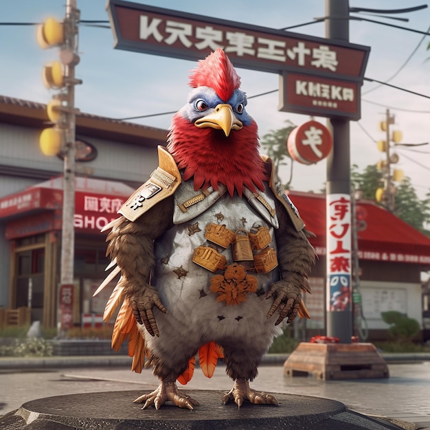 Uma placa anuncia hiperestilo de galinha samurai IA generativa