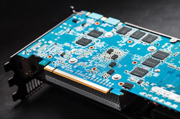 Uma placa azul com chips e um processador de placa de vídeo para jogos. Sistema de resfriamento progressivo para o chip de vídeo, processador e memória. Detalhes do computador