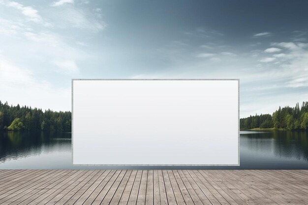 Foto uma placa branca vazia em uma doca de madeira por um lago