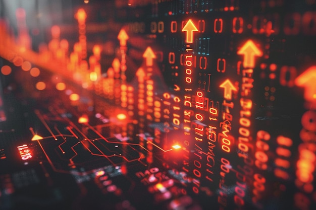 uma placa de circuito de computador com algumas setas apontando para a frente e para cima, com fundo tecnológico em ascensão