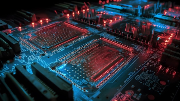 Uma placa de circuito de computador com luzes vermelhas e azuis generativas ai