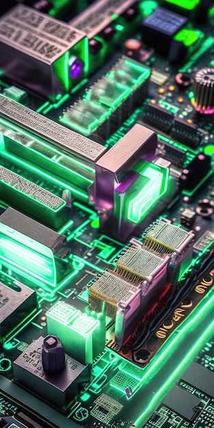 Uma placa de circuito de computador futurista com luz neon