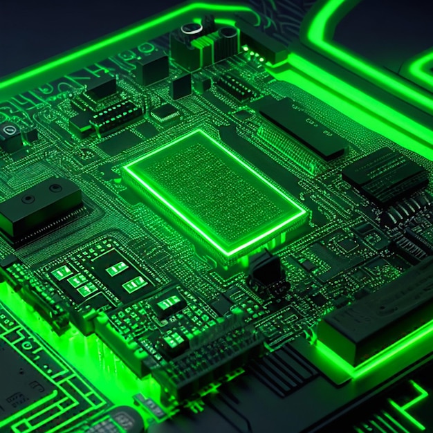 Uma placa de circuito verde Placa de circuito de microchip integrado para servidor