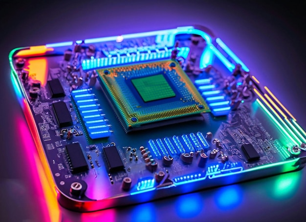 Uma placa de computador com luzes de néon e uma CPU.