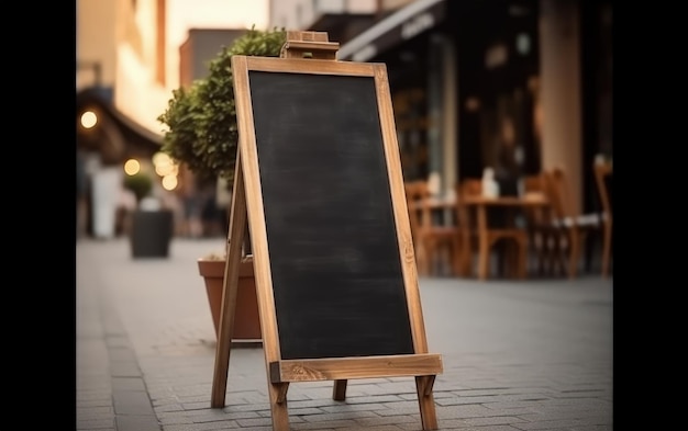 Uma placa de lousa preta na calçada em frente a um restaurante.